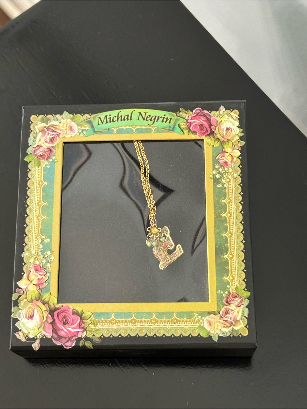 Michal Negrin Israel Initial E Necklace Pendant Swarovski Crystal Floral